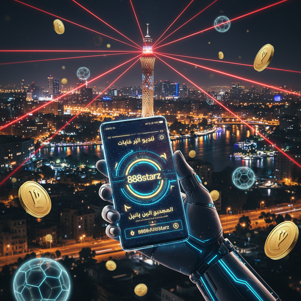 Futuristic hand holding a glass-transparent smartphone displaying 888starz official Arabic app, background is the Cairo Tower and Nile River at night with vibrant red laser beams and golden bokeh, 3D holographic gold EGP coins and soccer balls floating, n